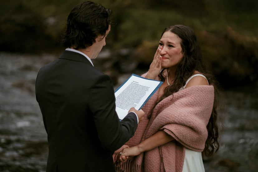 Couple eloping in Iceland at a waterfall during a multi-day elopement adventure