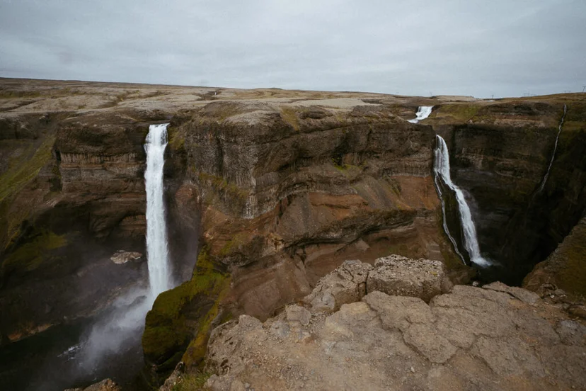 View of Háifoss waterfall plunging into a deep canyon in southern Iceland