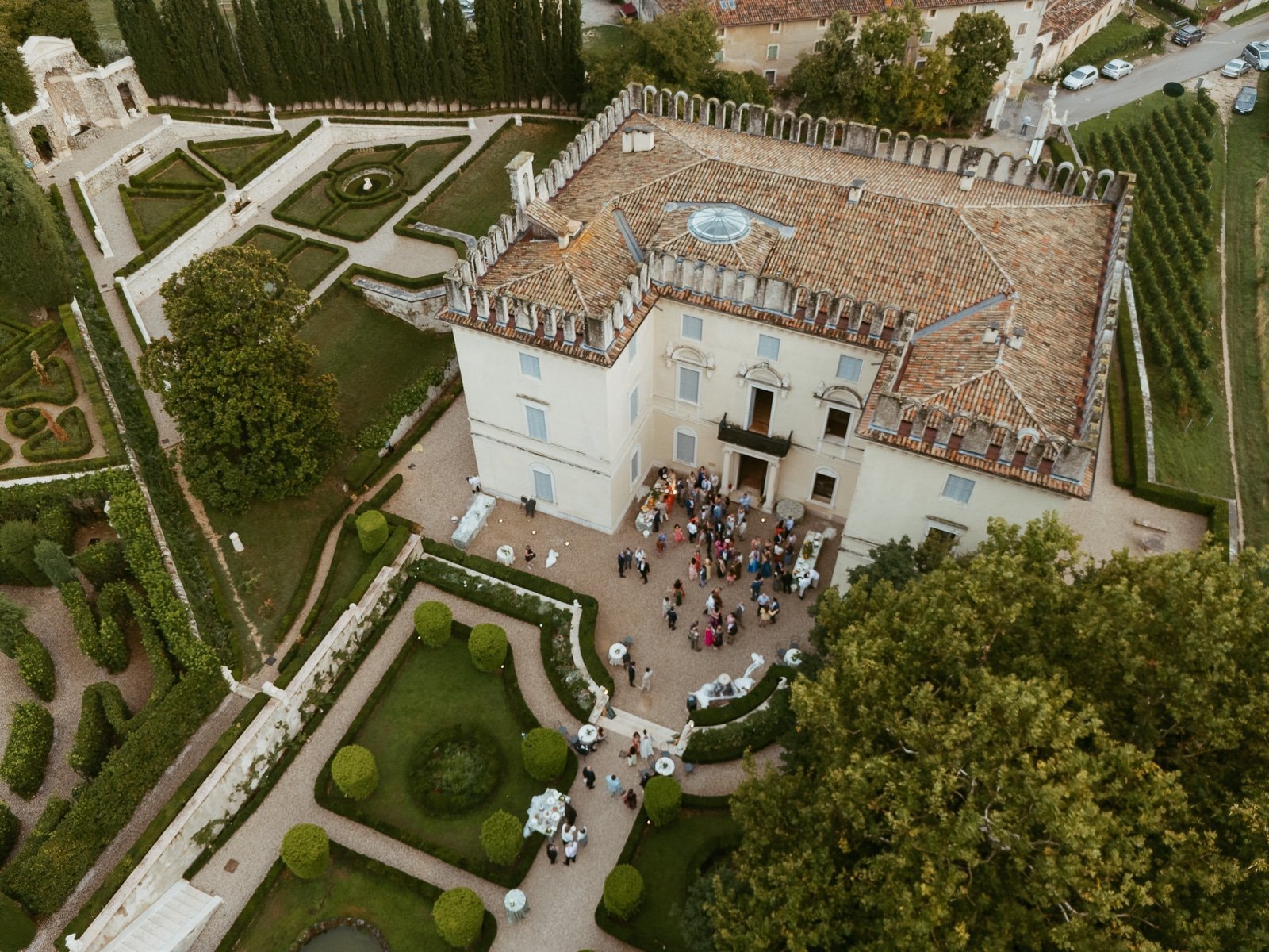 Aerial view of a villa wedding celebration in Veneto, Italy